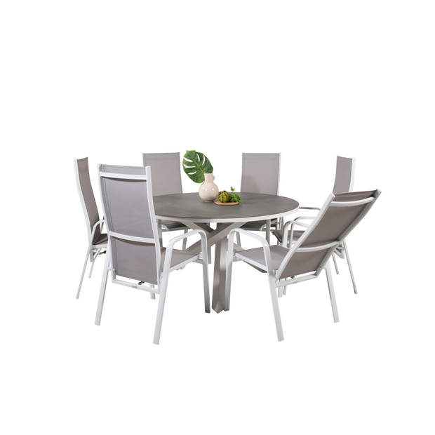 Copacabana tuinmeubelset tafel Ø140cm en 6 stoel rec Copacabana wit, grijs, crèmekleur.