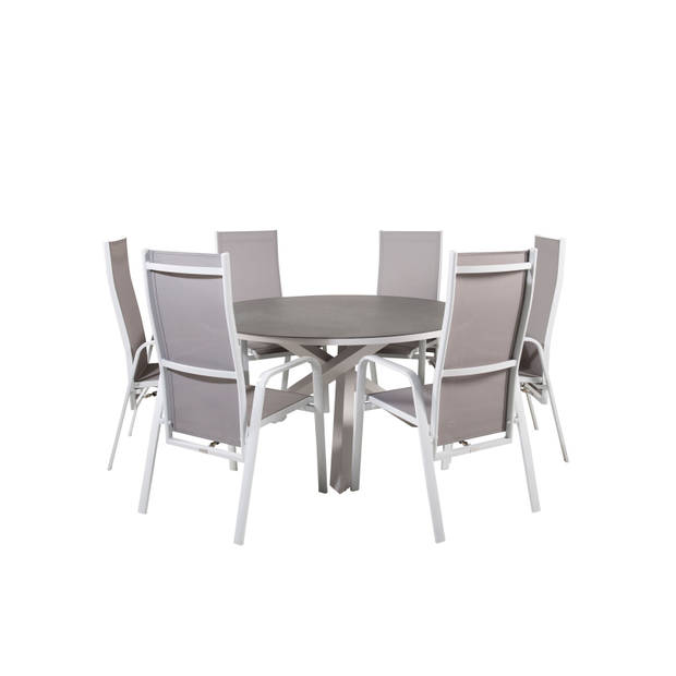 Copacabana tuinmeubelset tafel Ø140cm en 6 stoel rec Copacabana wit, grijs, crèmekleur.