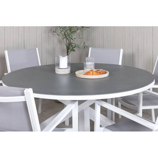 Copacabana tuinmeubelset tafel Ø140cm en 6 stoel stapel Copacabana wit, grijs, crèmekleur.