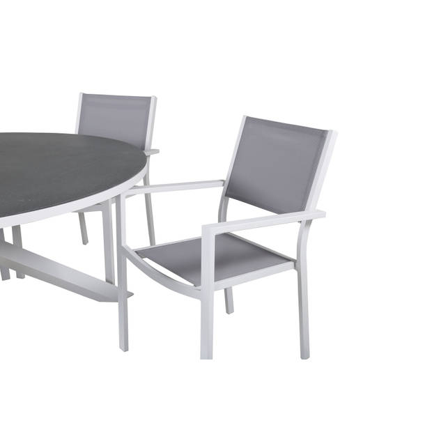 Copacabana tuinmeubelset tafel Ø140cm en 6 stoel stapel Copacabana wit, grijs, crèmekleur.