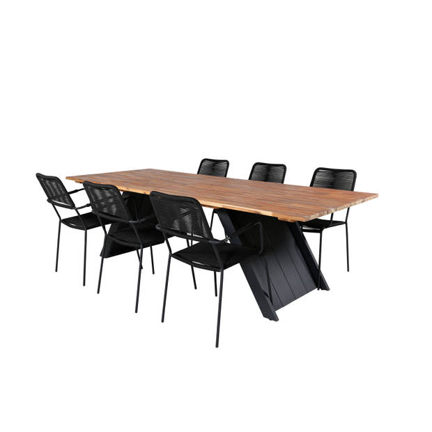 Doory tuinmeubelset tafel 100x250cm en 6 stoel armleuning Lindos zwart, naturel.