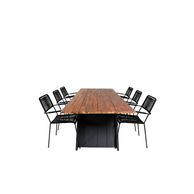 Doory tuinmeubelset tafel 100x250cm en 6 stoel armleuning Lindos zwart, naturel.