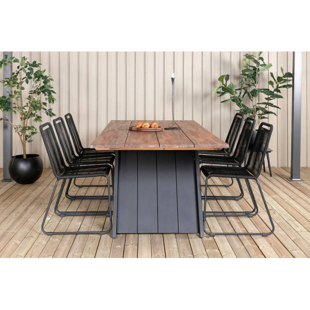 Doory tuinmeubelset tafel 100x250cm en 6 stoel stapel Lindos zwart, naturel.