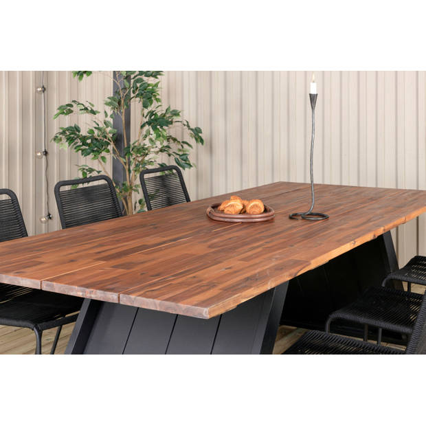 Doory tuinmeubelset tafel 100x250cm en 6 stoel stapel Lindos zwart, naturel.