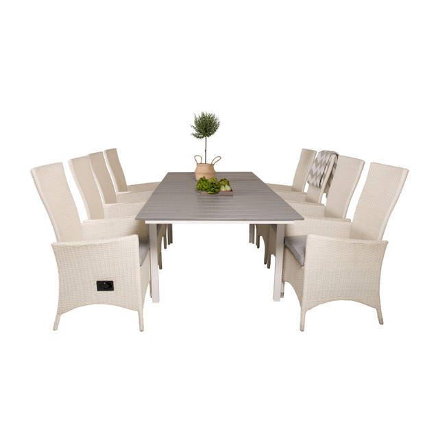 Levels tuinmeubelset tafel 100x160/240cm en 8 stoel Padova wit, grijs.