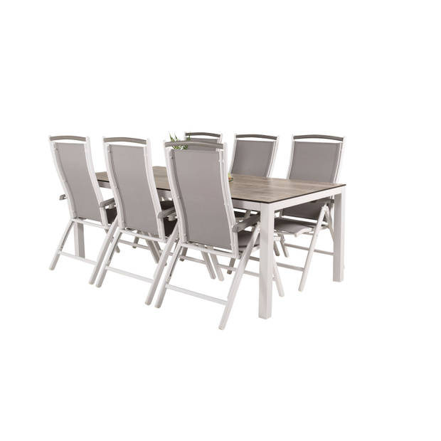 Llama tuinmeubelset tafel 100x205cm en 6 stoel 5pos Albany wit, grijs, crèmekleur.
