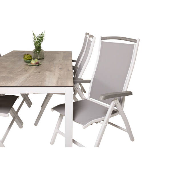 Llama tuinmeubelset tafel 100x205cm en 6 stoel 5pos Albany wit, grijs, crèmekleur.