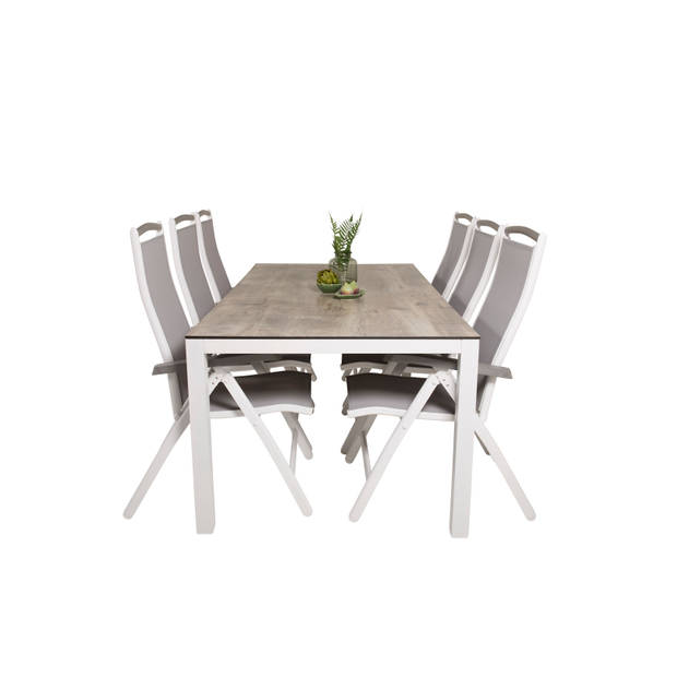 Llama tuinmeubelset tafel 100x205cm en 6 stoel 5pos Albany wit, grijs, crèmekleur.