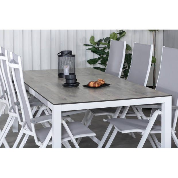 Llama tuinmeubelset tafel 100x205cm en 6 stoel L5pos Albany wit, grijs, crèmekleur.