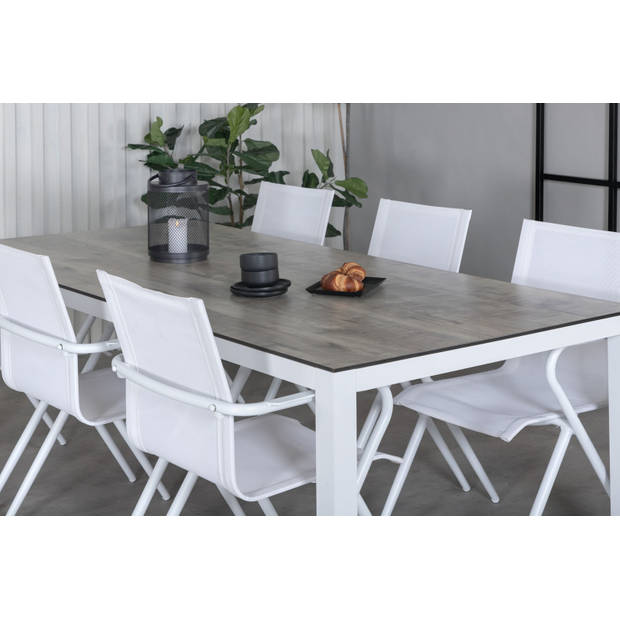 Llama tuinmeubelset tafel 100x205cm en 6 stoel Alina wit, grijs, crèmekleur.