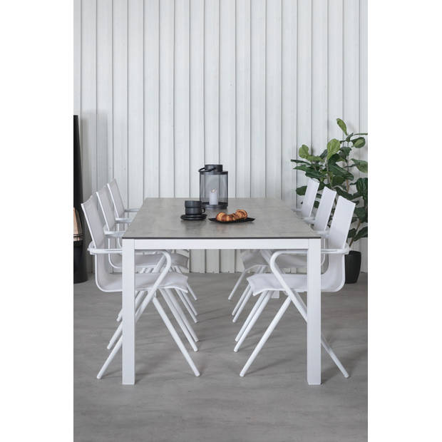 Llama tuinmeubelset tafel 100x205cm en 6 stoel Alina wit, grijs, crèmekleur.