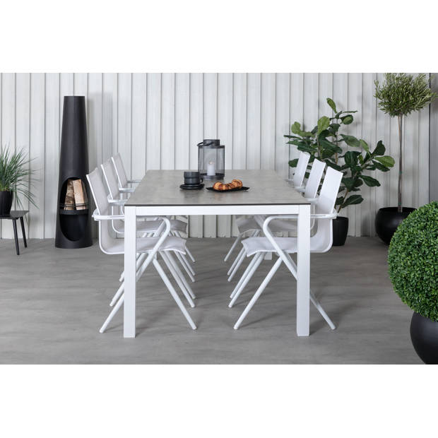 Llama tuinmeubelset tafel 100x205cm en 6 stoel Alina wit, grijs, crèmekleur.