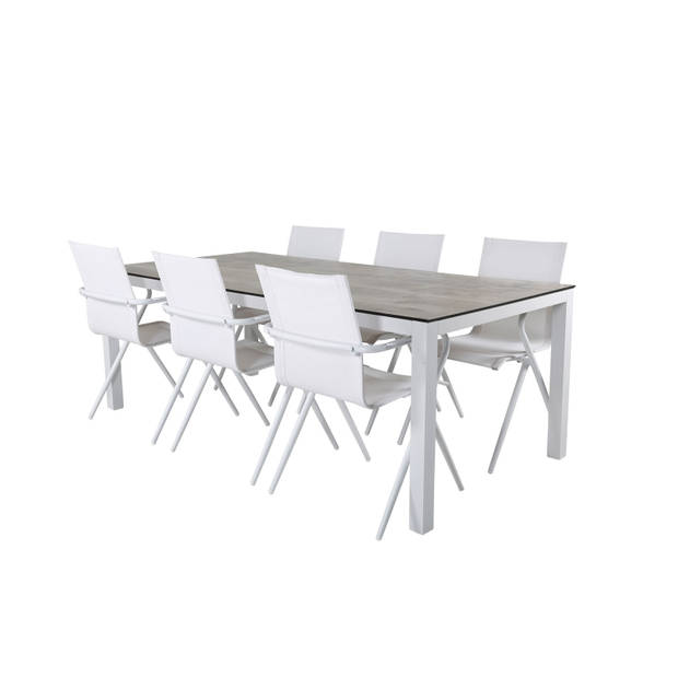 Llama tuinmeubelset tafel 100x205cm en 6 stoel Alina wit, grijs, crèmekleur.