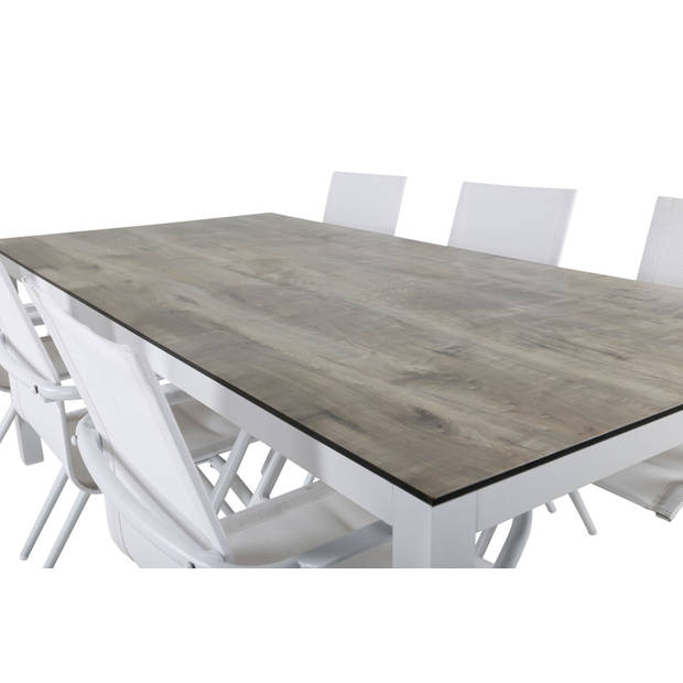 Llama tuinmeubelset tafel 100x205cm en 6 stoel Alina wit, grijs, crèmekleur.