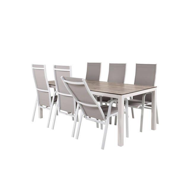 Llama tuinmeubelset tafel 100x205cm en 6 stoel Copacabana wit, grijs, crèmekleur.