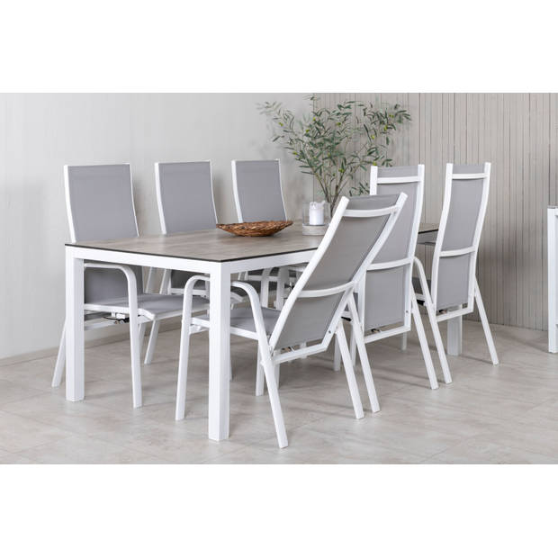 Llama tuinmeubelset tafel 100x205cm en 6 stoel Copacabana wit, grijs, crèmekleur.