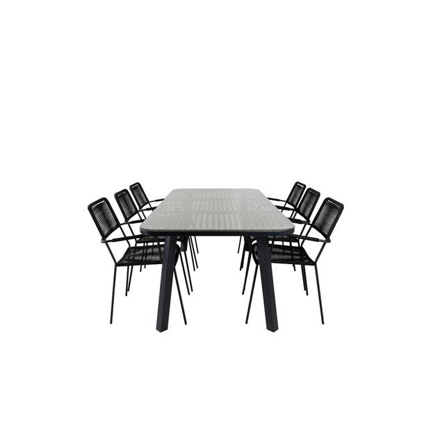 Paola tuinmeubelset tafel 100x200cm en 6 stoel armleuningS Lindos zwart, naturel.