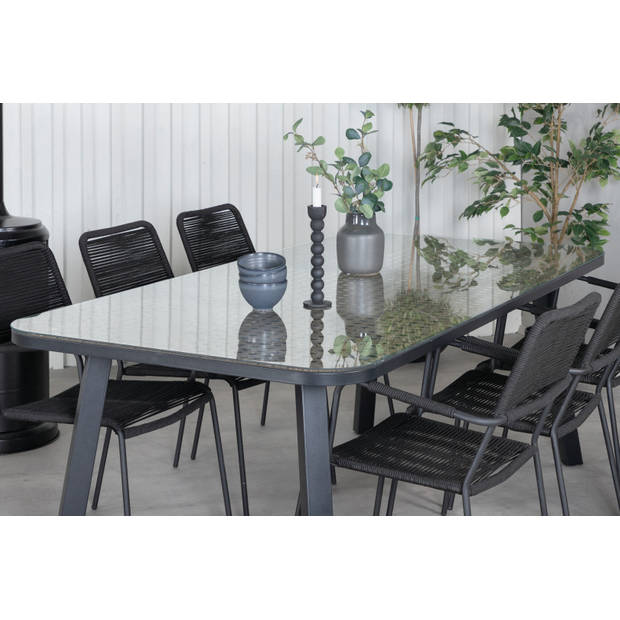 Paola tuinmeubelset tafel 100x200cm en 6 stoel armleuningS Lindos zwart, naturel.