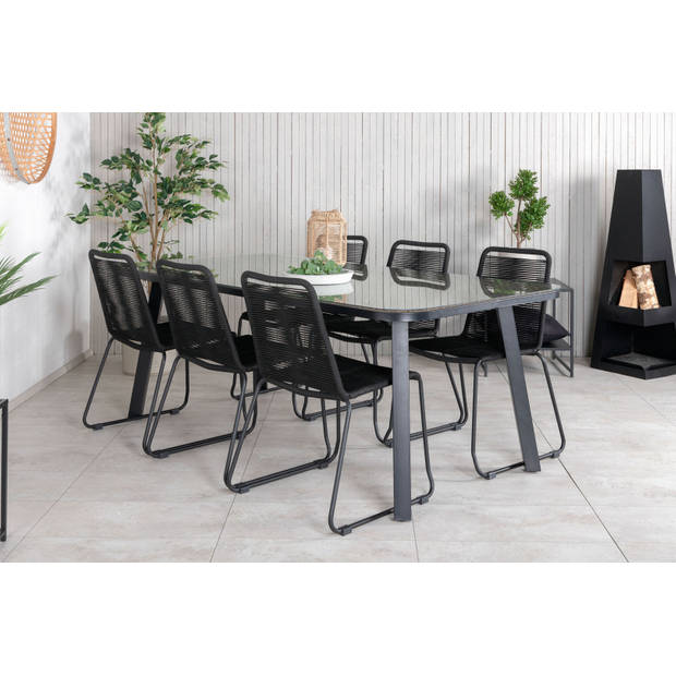 Paola tuinmeubelset tafel 100x200cm en 6 stoel stapelS Lindos zwart, naturel.