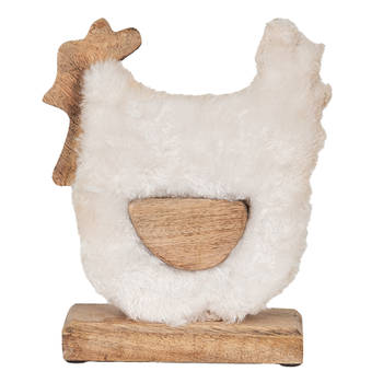 Clayre & Eef Beeld Haan 18x5x21 cm Wit Bruin Hout Textiel Woonaccessoires Wit Woonaccessoires