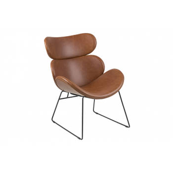 Cazy fauteuil in cognac kunstleder en zwart metalen onderstel.