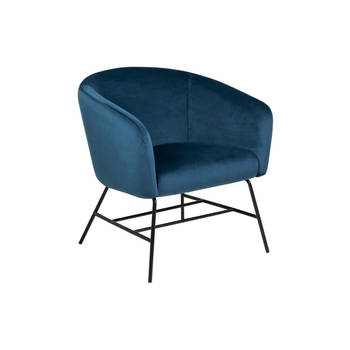 Ramy fauteuil in marineblauwe stof en zwart metalen onderstel.