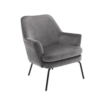 Chicca fauteuil in grijze stof en zwart metalen onderstel.