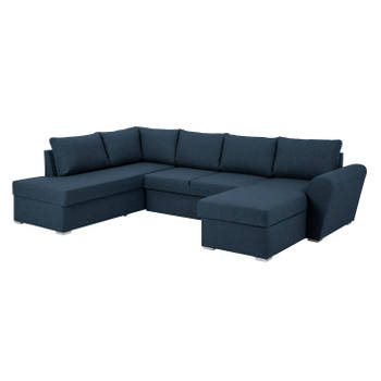 Stan slaapbank, hoek links met chaise longue rechts, in blauw.