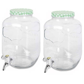2x stuks glazen drankdispensers/limonadetap met groen/wit geblokte dop 4 liter - Drankdispensers
