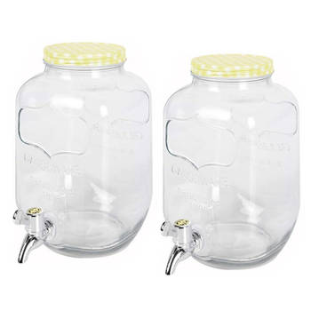2x stuks glazen drankdispensers/limonadetap met geel/wit geblokte dop 4 liter - Drankdispensers