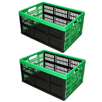 2x stuks opvouwbare kratten/inklapbare boodschappen kisten zwart/groen 48 x 35 x 24 cm - Boodschappenkratten