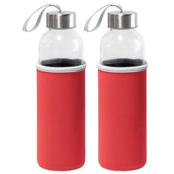 2x Stuks glazen waterfles/drinkfles met rode softshell bescherm hoes 520 ml - Drinkflessen