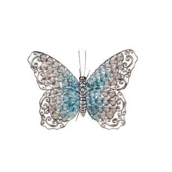 Grote metalen vlinder zilver/blauw 50 x 32 cm tuin decoratie - Tuinbeelden