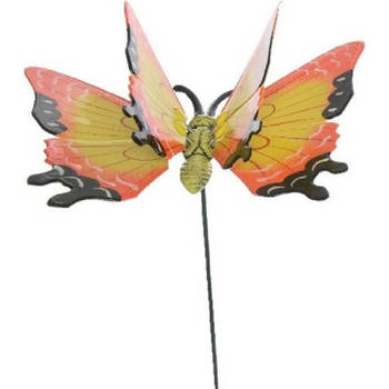 Metalen vlinder geel/oranje 11 x 70 cm op steker - Tuinbeelden