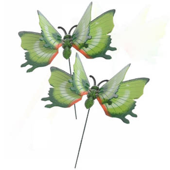 Set van 3x stuks metalen vlinder groen 11 x 70 cm op steker - Tuinbeelden
