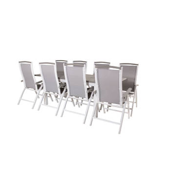 Albany tuinmeubelset tafel 90x160/240cm en 8 stoel 5pos Albany wit, grijs.