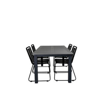 Albany tuinmeubelset tafel 100x160/240cm en 4 stoel stapel Lindos zwart, grijs.