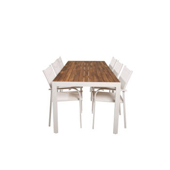 Bois tuinmeubelset tafel 90x205cm en 6 stoel Santorini wit, naturel.