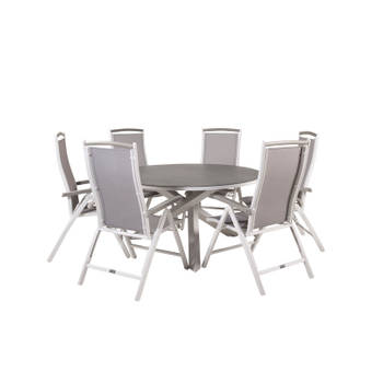 Copacabana tuinmeubelset tafel Ø140cm en 6 stoel 5pos Albany wit, grijs, crèmekleur.