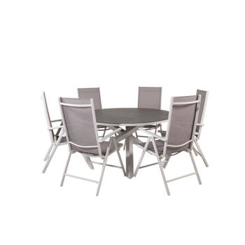 Copacabana tuinmeubelset tafel Ø140cm en 6 stoel Break wit, grijs, crèmekleur.