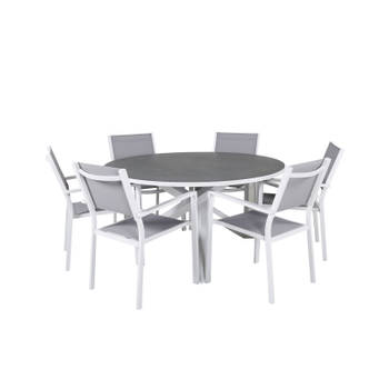 Copacabana tuinmeubelset tafel Ø140cm en 6 stoel stapel Copacabana wit, grijs, crèmekleur.