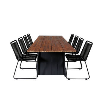 Doory tuinmeubelset tafel 100x250cm en 8 stoel stapelS Lindos zwart, naturel.