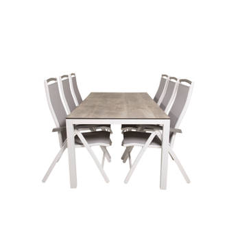 Llama tuinmeubelset tafel 100x205cm en 6 stoel 5pos Albany wit, grijs, crèmekleur.