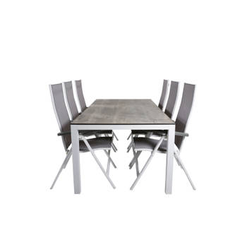 Llama tuinmeubelset tafel 100x205cm en 6 stoel L5pos Albany wit, grijs, crèmekleur.