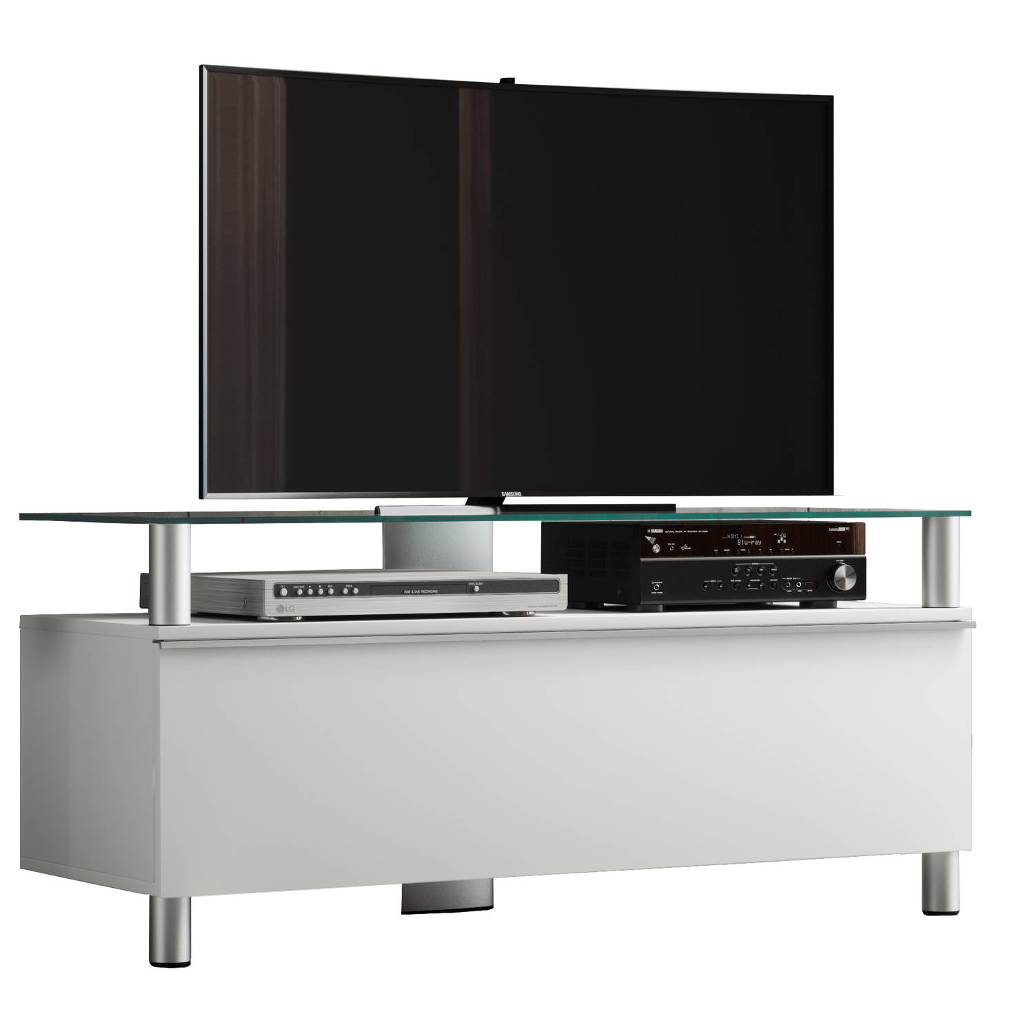 Clano TV-meubels met 1 lade en 1 glazen legger, Wit lak, zwart glas.