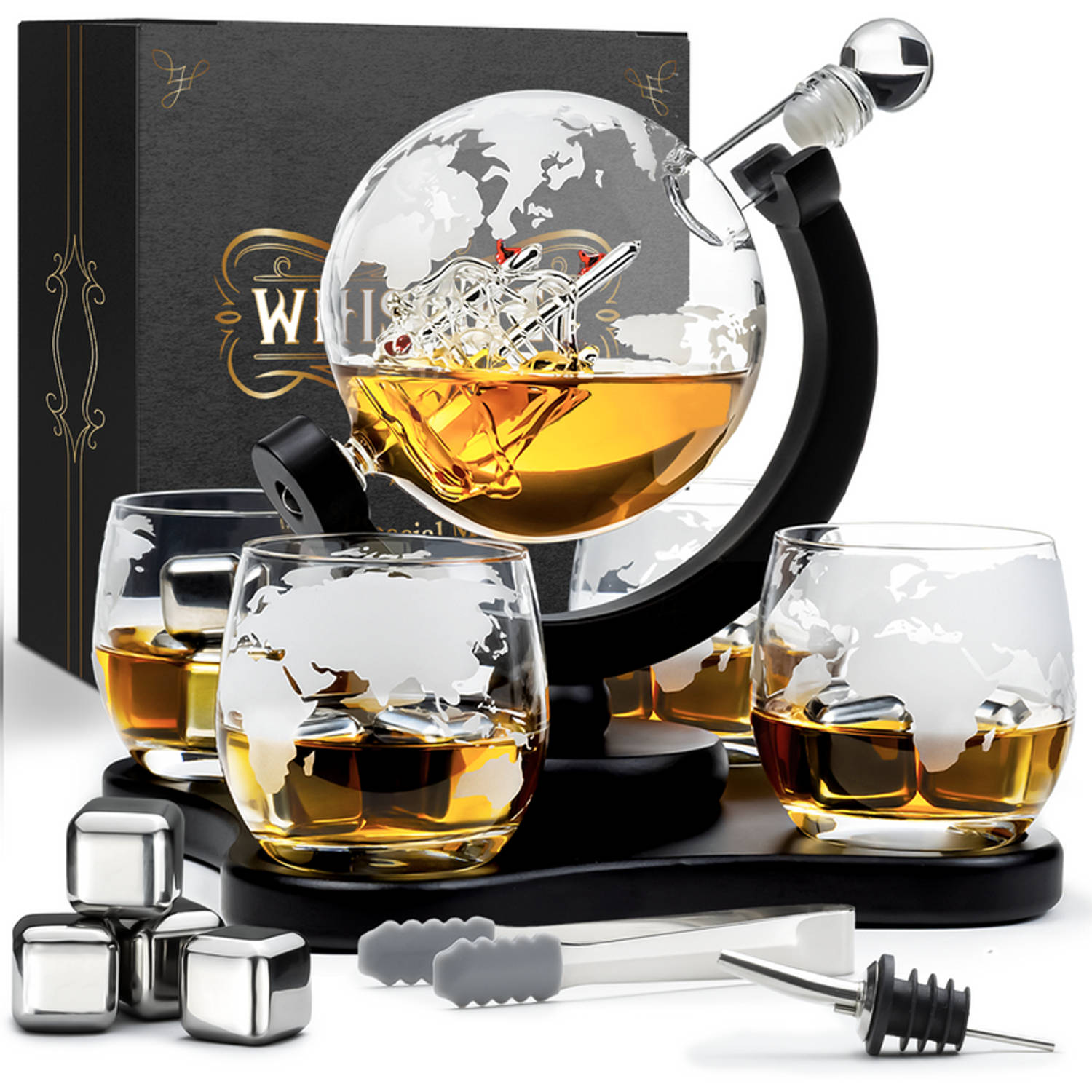 Whisiskey Whiskey Karaf Wereldbol Luxe Whisky Karaf Set 0,9 L Decanteer Karaf Incl. Accessoires