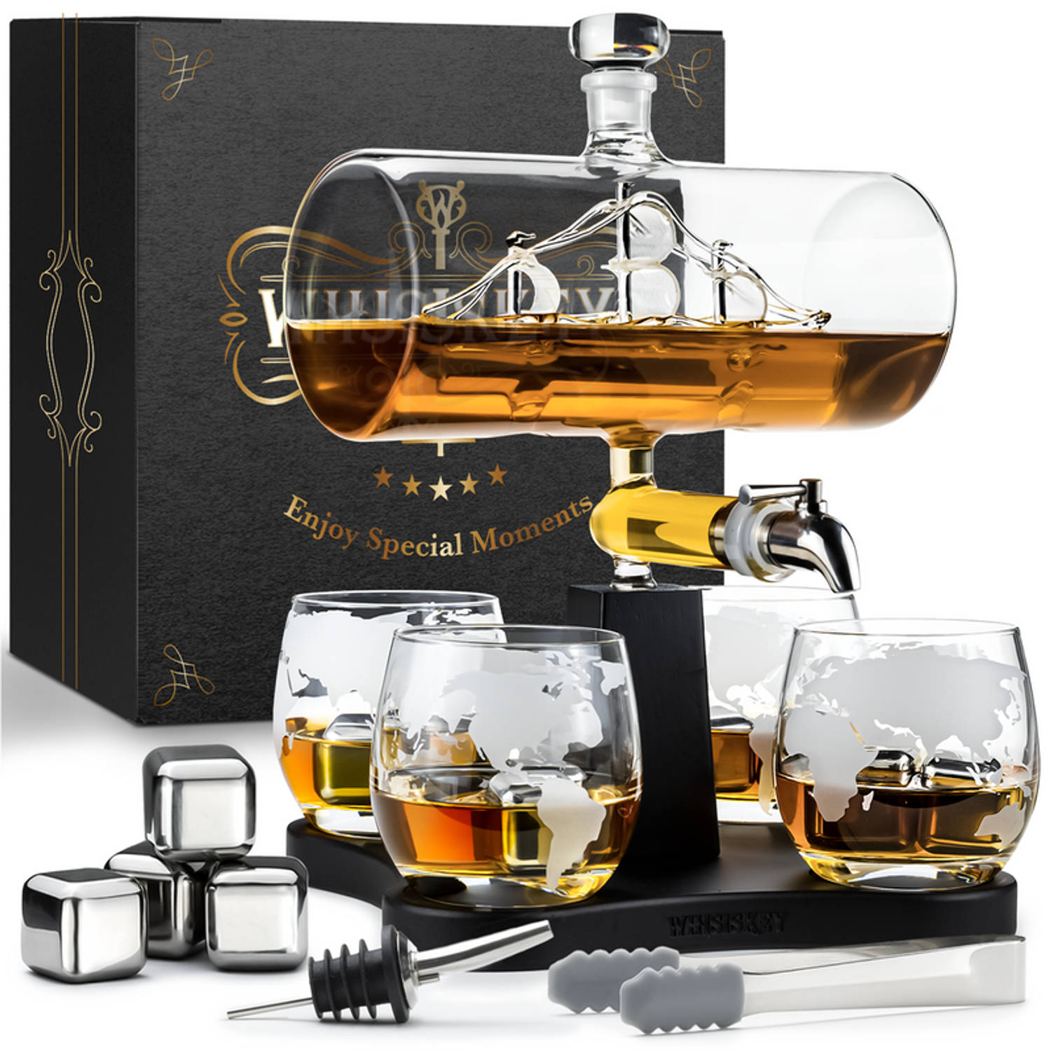 Whisiskey Whiskey Karaf Luxe Whisky Karaf Set Zeilschip 1l Decanteer Karaf Incl. Accessoires