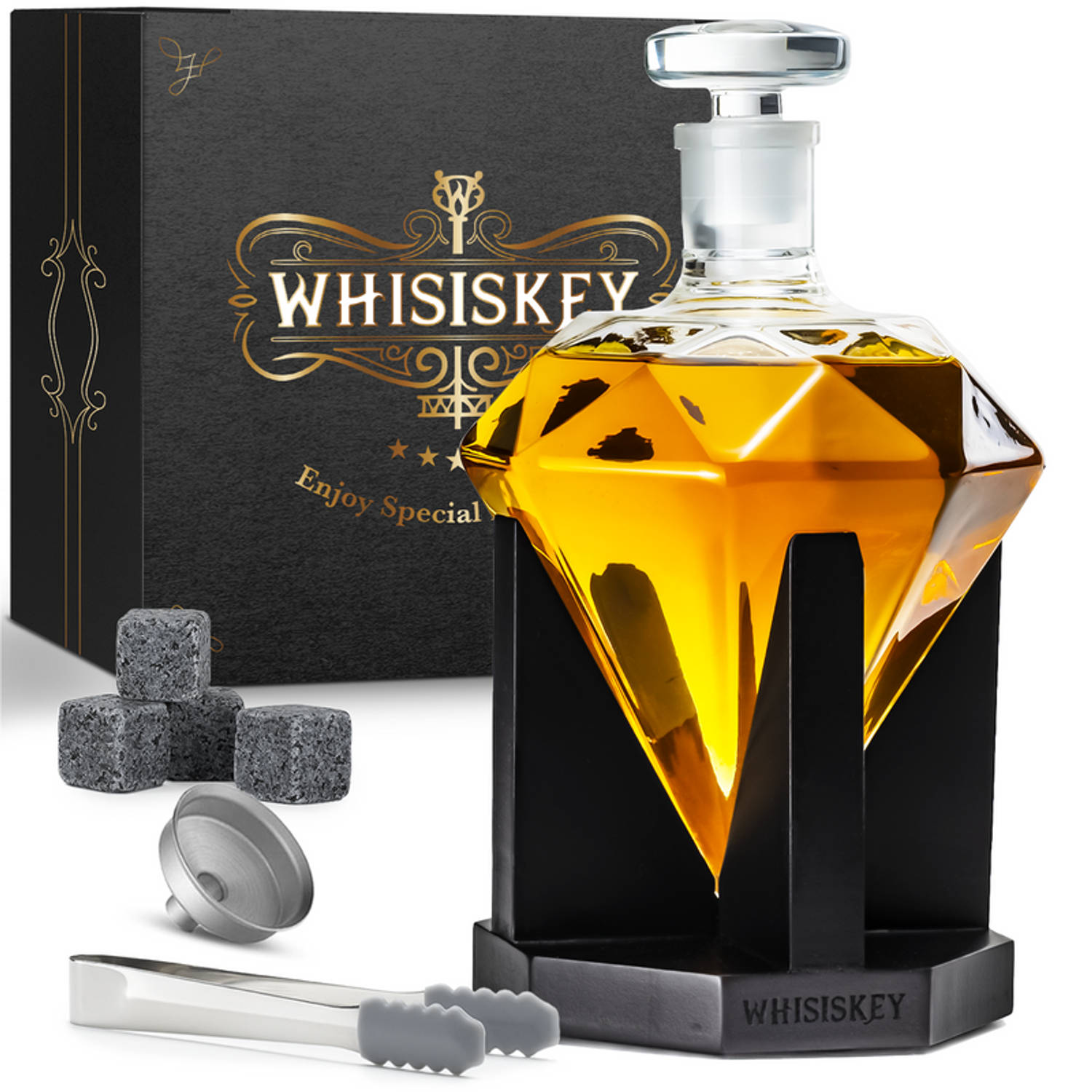 Whisiskey Whiskey Karaf Diamant- Luxe Whisky Karaf Set 0,9 L Decanteer Karaf Whiskey Set Incl. Acces