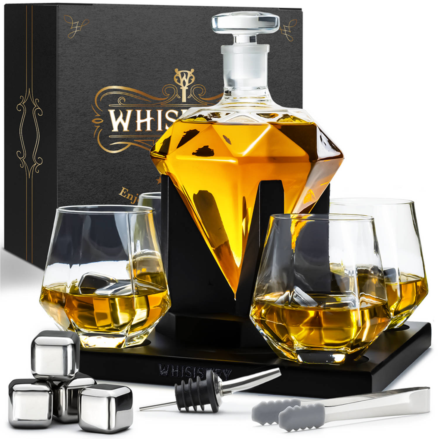 Whisiskey Whiskey Karaf Diamant Luxe Whisky Karaf Set 0,9 L Decanteer Karaf Incl. Accessoires