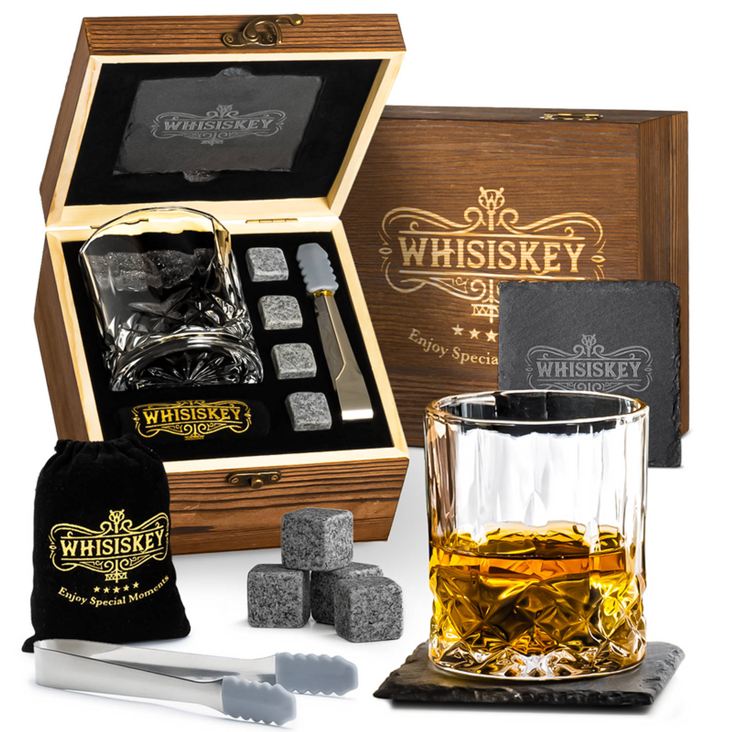 Whisiskey Luxe Whiskey Set Incl. Whiskey Glas, 6 Whiskey Stones, Onderzetter, Opbergzak, Opbergbox W